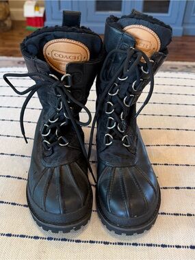 Coach Black Leather Lace-Up Boots with Tan Logo Patch